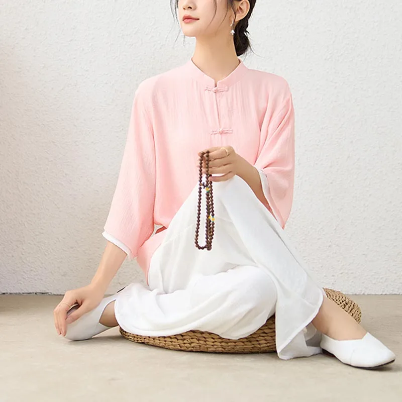 Mythstone 2Pcs Simple Chinese Frog Button Design Top Pants Meditation Yoga Zen Tai Chi Cotton Clothing Women's Set - Image 2