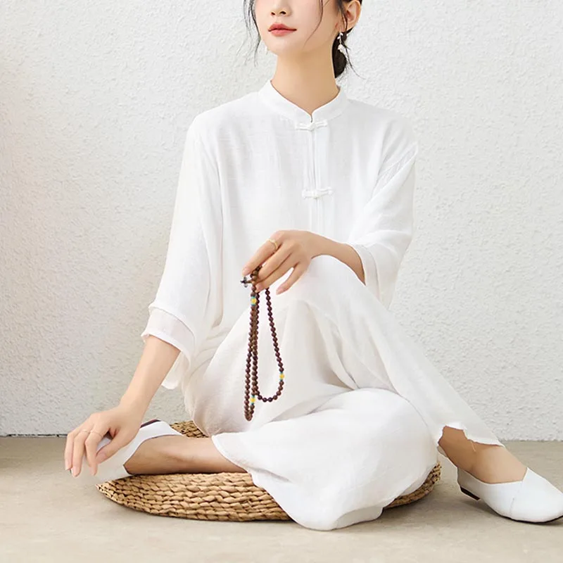 Mythstone 2Pcs Simple Chinese Frog Button Design Top Pants Meditation Yoga Zen Tai Chi Cotton Clothing Women's Set - Image 9