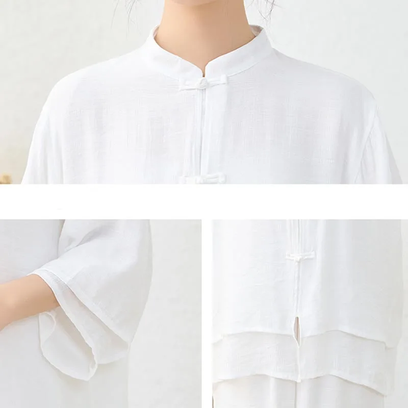 Mythstone 2Pcs Simple Chinese Frog Button Design Top Pants Meditation Yoga Zen Tai Chi Cotton Clothing Women's Set - Image 12