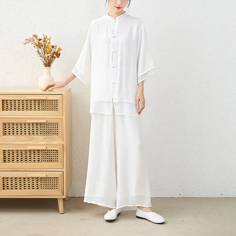 Mythstone 2Pcs Simple Chinese Frog Button Design Top Pants Meditation Yoga Zen Tai Chi Cotton Clothing Women's Set - Image 19