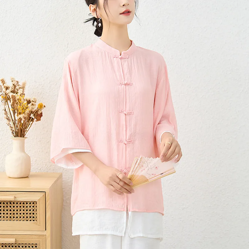 Mythstone 2Pcs Simple Chinese Frog Button Design Top Pants Meditation Yoga Zen Tai Chi Cotton Clothing Women's Set - Image 3