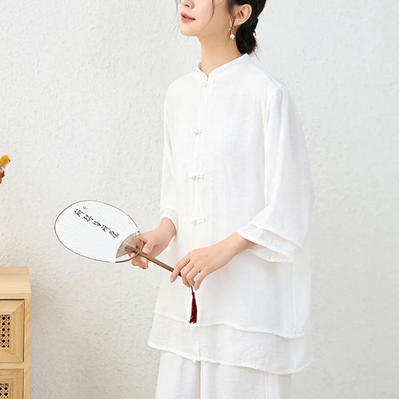 Mythstone 2Pcs Simple Chinese Frog Button Design Top Pants Meditation Yoga Zen Tai Chi Cotton Clothing Women's Set - Image 17