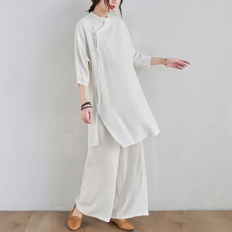 Mythstone 2Pcs Plain Design Zen Tai Chi Meditation Clothing Cotton Linen Top Pants Women's Set - Image 15