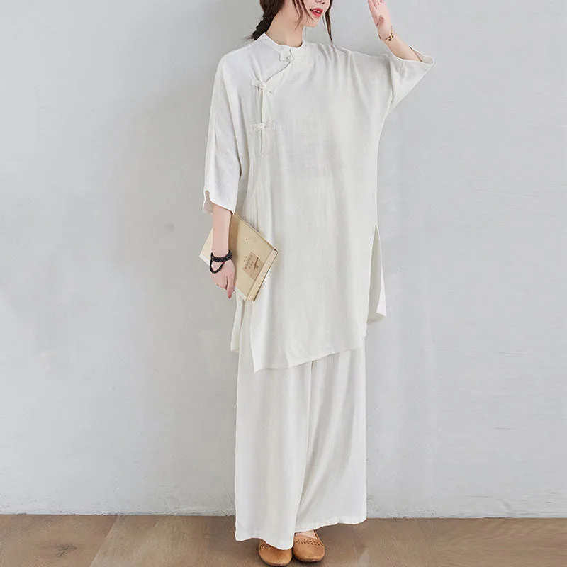 Mythstone 2Pcs Plain Design Zen Tai Chi Meditation Clothing Cotton Linen Top Pants Women's Set - Image 17