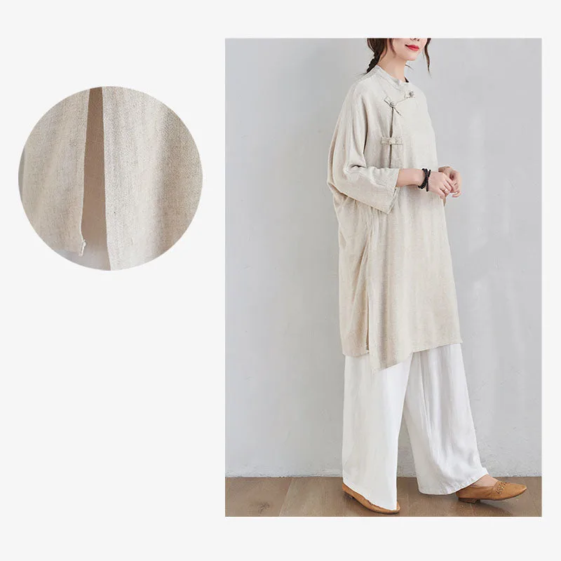 Mythstone 2Pcs Plain Design Zen Tai Chi Meditation Clothing Cotton Linen Top Pants Women's Set - Image 11