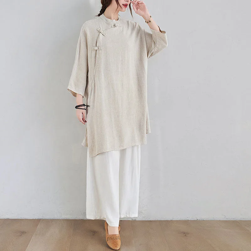 Mythstone 2Pcs Plain Design Zen Tai Chi Meditation Clothing Cotton Linen Top Pants Women's Set - Image 4