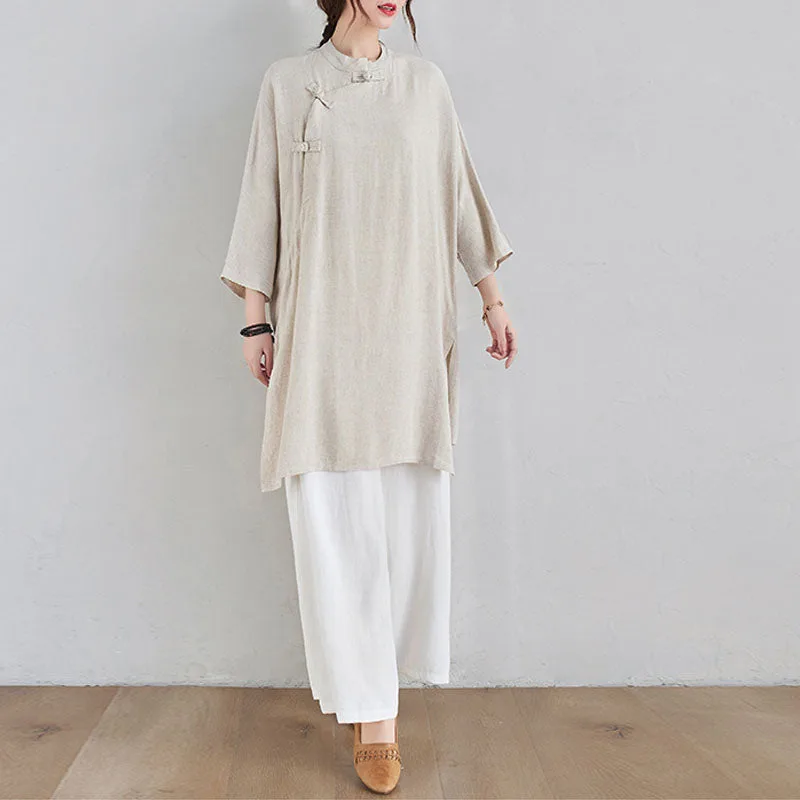 Mythstone 2Pcs Plain Design Zen Tai Chi Meditation Clothing Cotton Linen Top Pants Women's Set - Image 3