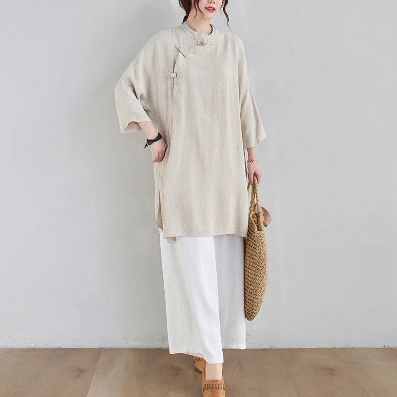 Mythstone 2Pcs Plain Design Zen Tai Chi Meditation Clothing Cotton Linen Top Pants Women's Set - Image 8