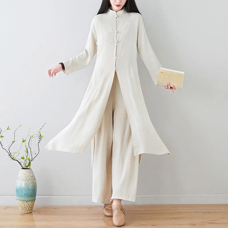 Mythstone 2Pcs Chinese Frog Button Design Zen Tai Chi Meditation Clothing Cotton Linen Top Pants Women's Set - Image 2