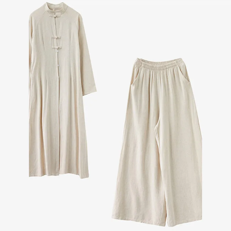 Mythstone 2Pcs Chinese Frog Button Design Zen Tai Chi Meditation Clothing Cotton Linen Top Pants Women's Set - Image 5