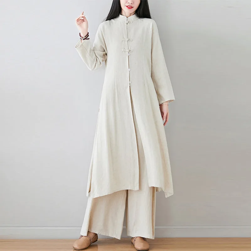 Mythstone 2Pcs Chinese Frog Button Design Zen Tai Chi Meditation Clothing Cotton Linen Top Pants Women's Set - Image 19