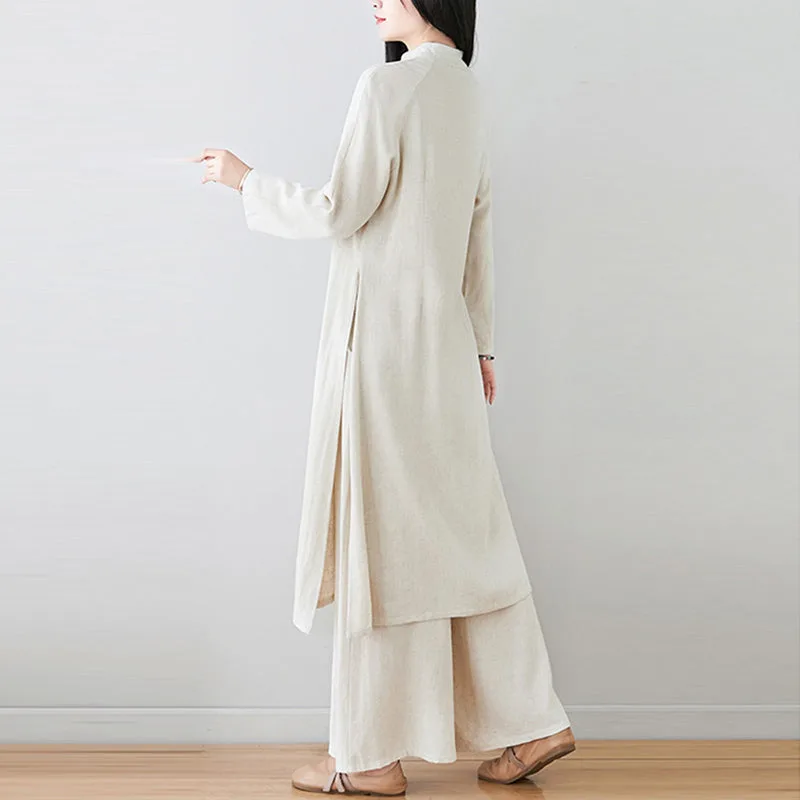 Mythstone 2Pcs Chinese Frog Button Design Zen Tai Chi Meditation Clothing Cotton Linen Top Pants Women's Set - Image 4