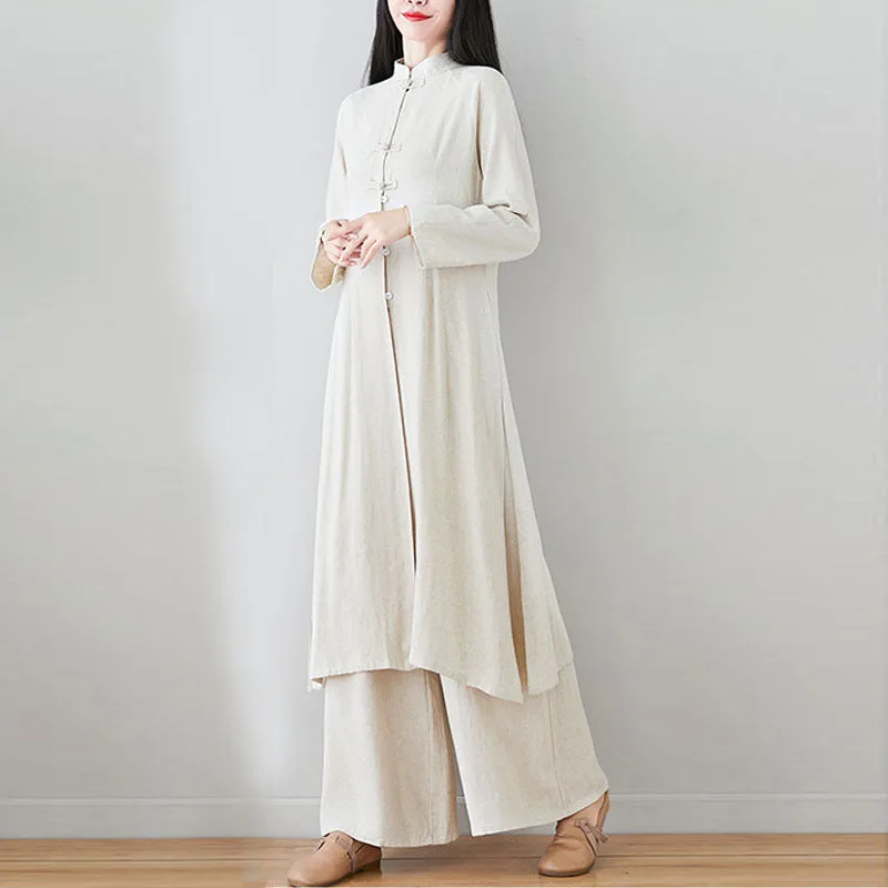 Mythstone 2Pcs Chinese Frog Button Design Zen Tai Chi Meditation Clothing Cotton Linen Top Pants Women's Set - Image 22