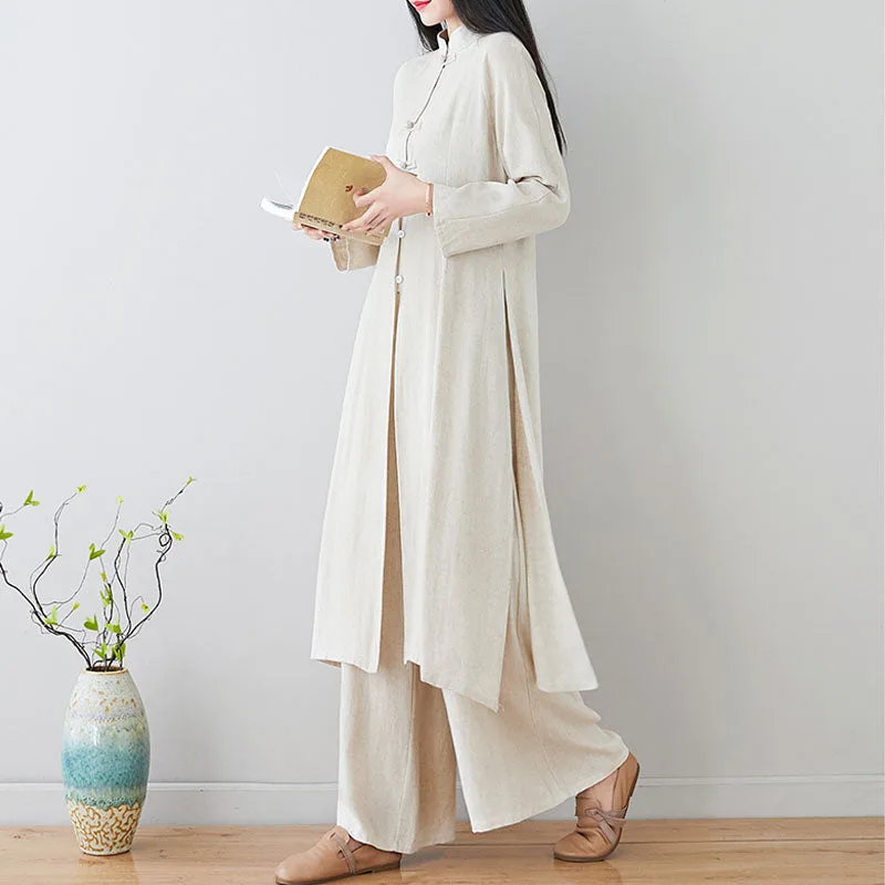 Mythstone 2Pcs Chinese Frog Button Design Zen Tai Chi Meditation Clothing Cotton Linen Top Pants Women's Set - Image 20