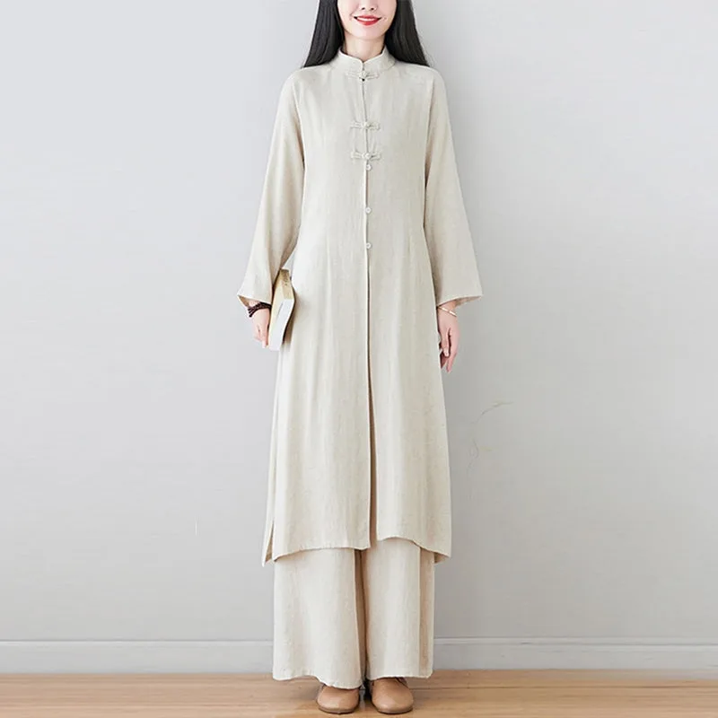 Mythstone 2Pcs Chinese Frog Button Design Zen Tai Chi Meditation Clothing Cotton Linen Top Pants Women's Set - Image 3