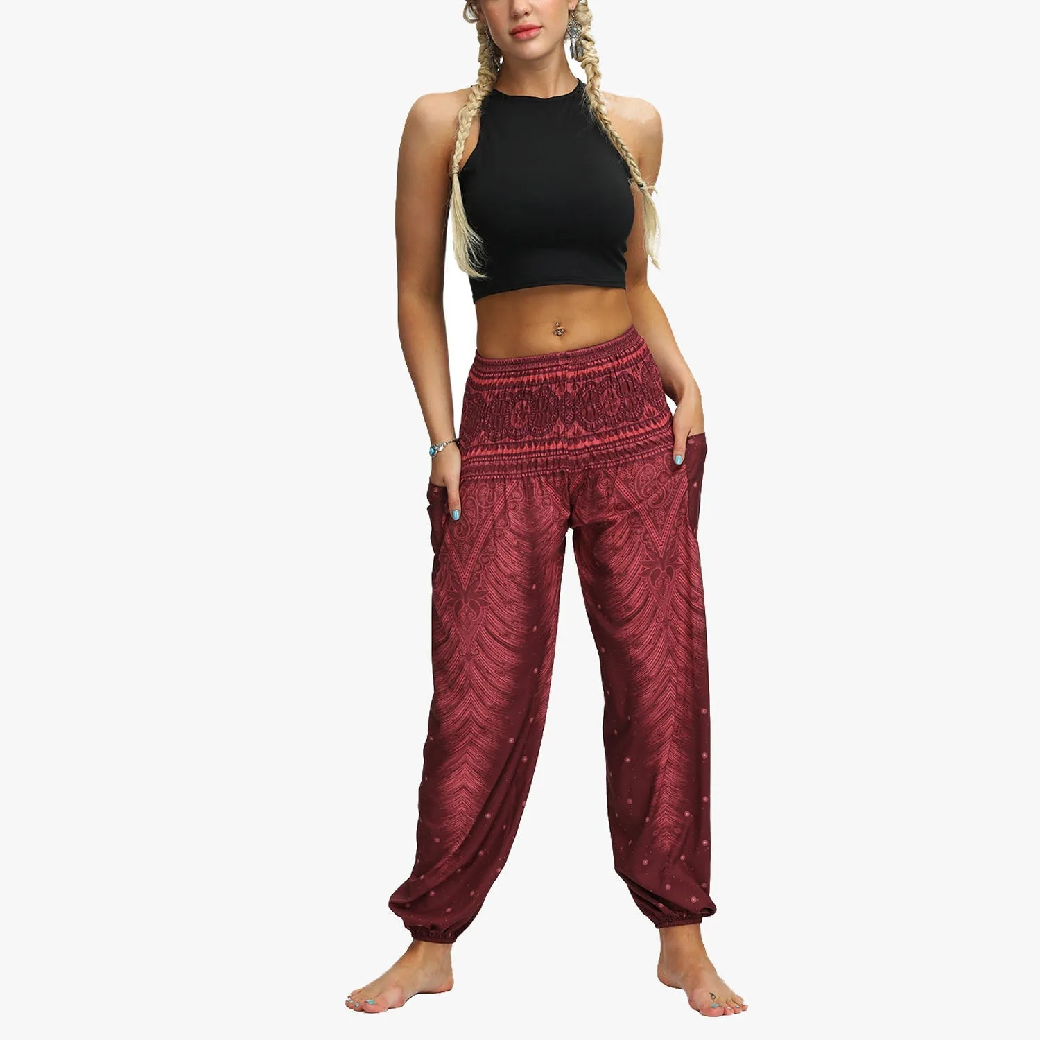 Mythstone Feather Print Hippie Baggy Trousers Boho High Waist with Pockets Women's Yoga Pants - Image 15