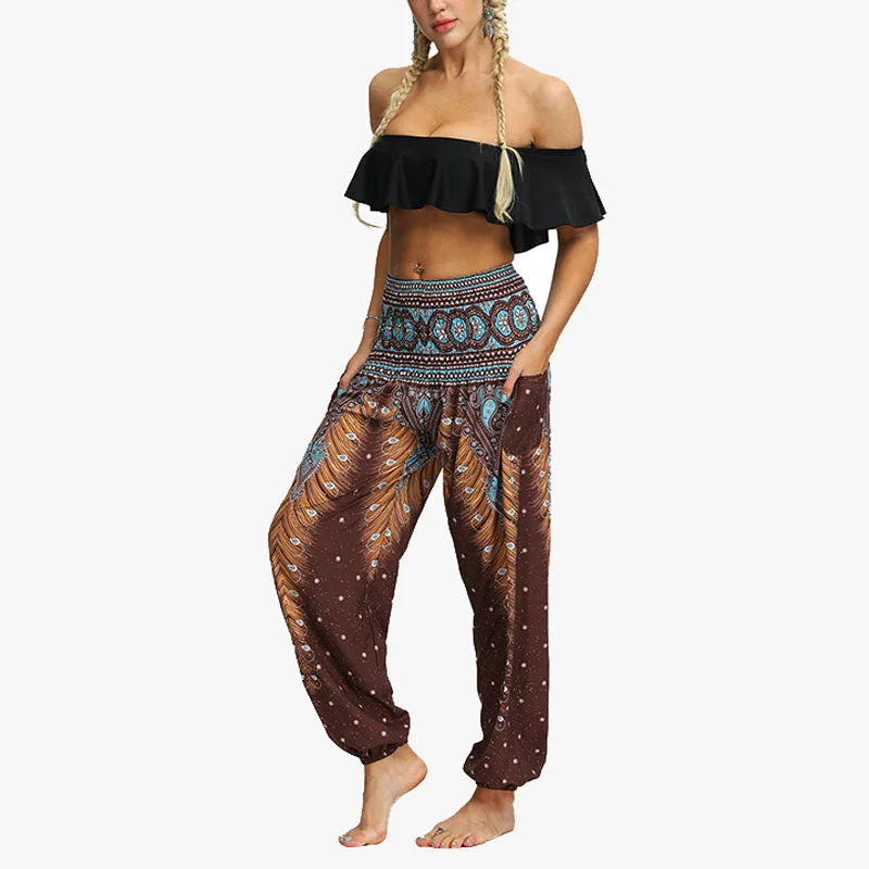 Mythstone Feather Print Hippie Baggy Trousers Boho High Waist with Pockets Women's Yoga Pants - Image 10