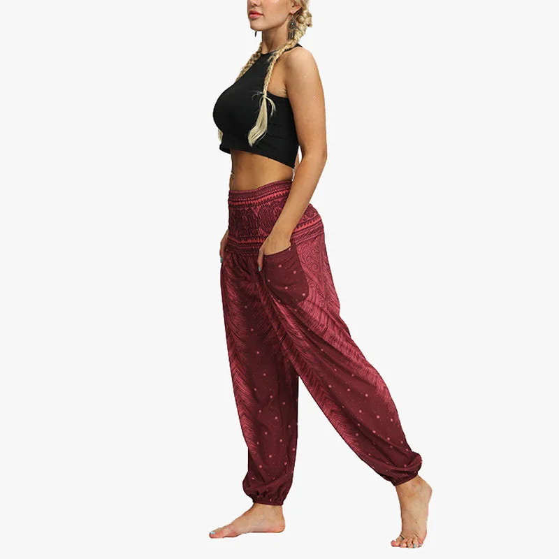 Mythstone Feather Print Hippie Baggy Trousers Boho High Waist with Pockets Women's Yoga Pants - Image 19