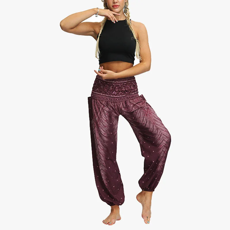 Mythstone Feather Print Hippie Baggy Trousers Boho High Waist with Pockets Women's Yoga Pants - Image 22