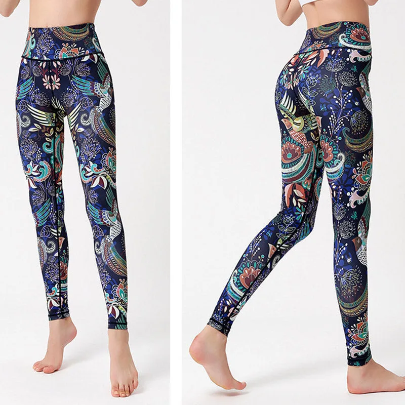 Mythstone Flowers Leaves Birds Print Pants Sports Fitness Yoga Dance Leggings Women's Yoga Pants - Image 7