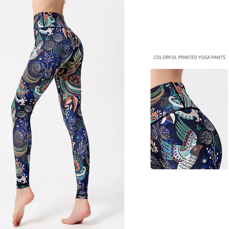 Mythstone Flowers Leaves Birds Print Pants Sports Fitness Yoga Dance Leggings Women's Yoga Pants - Image 9