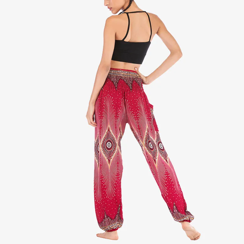 Mythstone Small Eye Peacock Feathers Pattern Loose Smocked Harem Trousers High Waist Women's Yoga Pants - Image 4