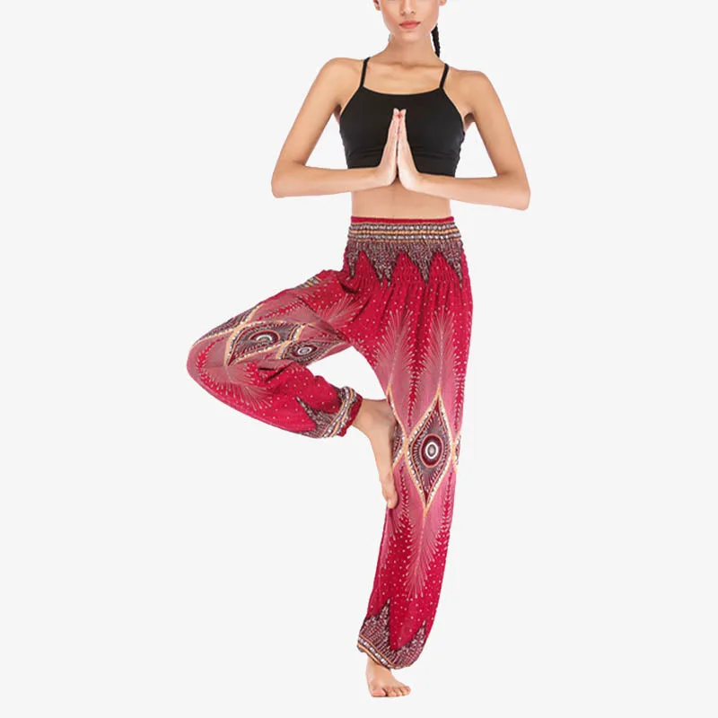 Mythstone Small Eye Peacock Feathers Pattern Loose Smocked Harem Trousers High Waist Women's Yoga Pants - Image 2