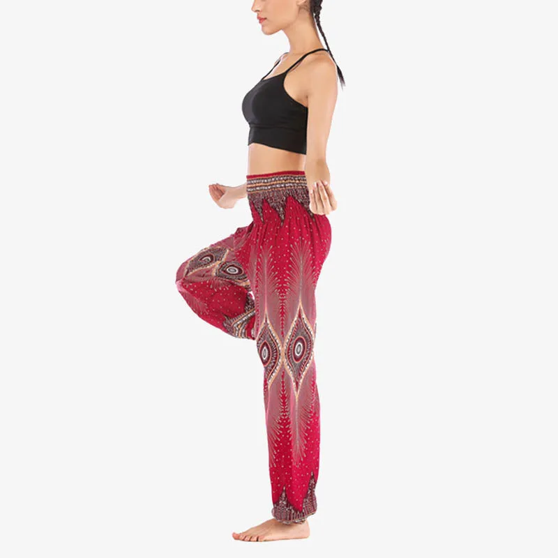 Mythstone Small Eye Peacock Feathers Pattern Loose Smocked Harem Trousers High Waist Women's Yoga Pants - Image 3
