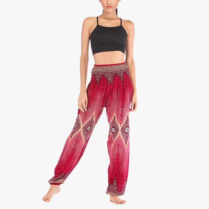 Mythstone Small Eye Peacock Feathers Pattern Loose Smocked Harem Trousers High Waist Women's Yoga Pants - Image 8