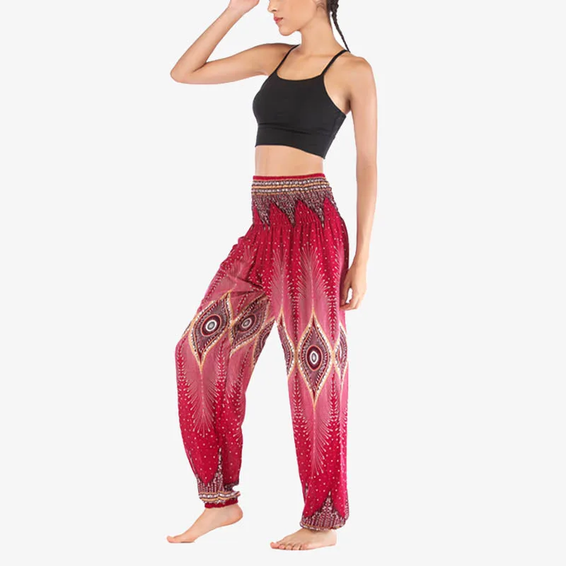 Mythstone Small Eye Peacock Feathers Pattern Loose Smocked Harem Trousers High Waist Women's Yoga Pants - Image 7