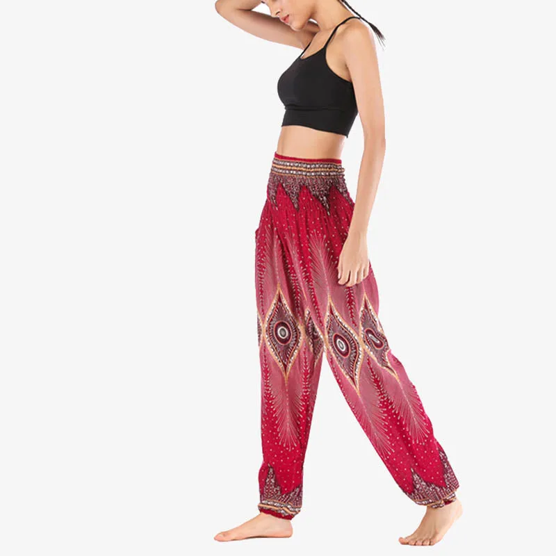 Mythstone Small Eye Peacock Feathers Pattern Loose Smocked Harem Trousers High Waist Women's Yoga Pants - Image 9