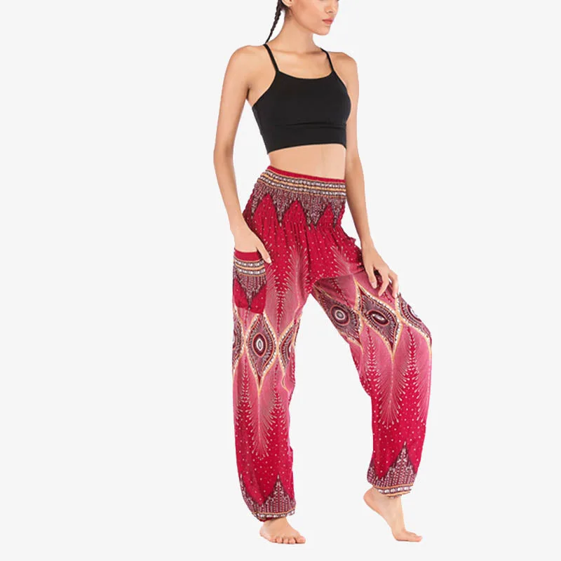 Mythstone Small Eye Peacock Feathers Pattern Loose Smocked Harem Trousers High Waist Women's Yoga Pants - Image 10
