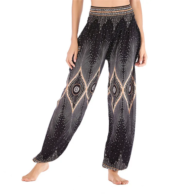 Mythstone Small Eye Peacock Feathers Pattern Loose Smocked Harem Trousers High Waist Women's Yoga Pants - Image 12