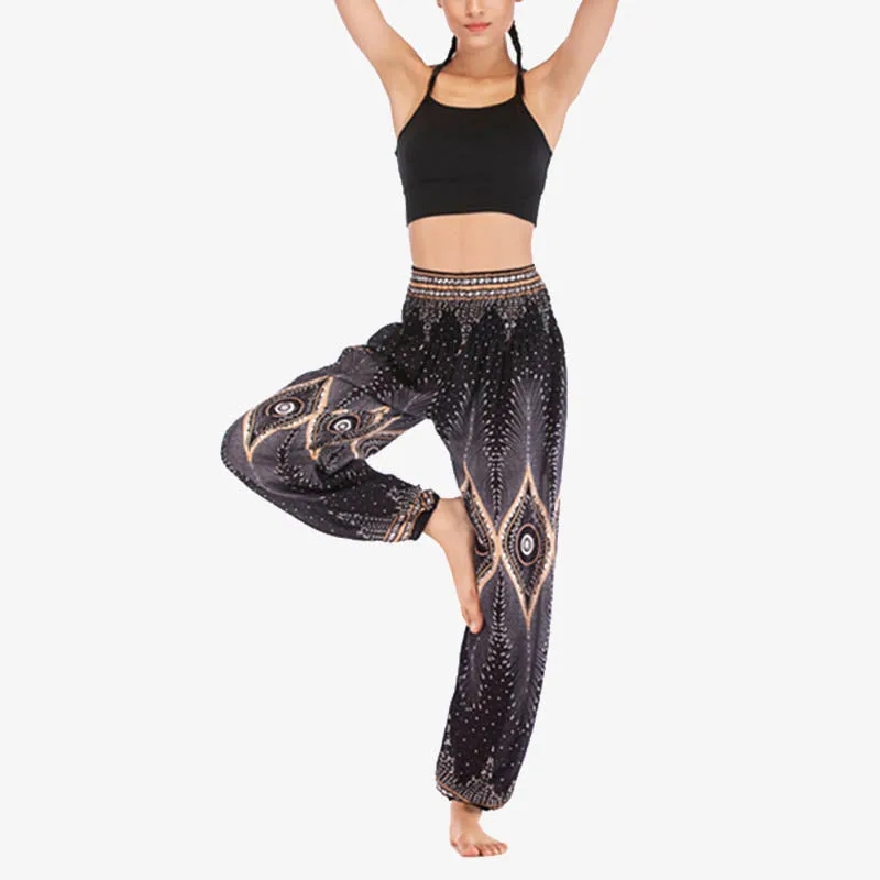 Mythstone Small Eye Peacock Feathers Pattern Loose Smocked Harem Trousers High Waist Women's Yoga Pants - Image 13