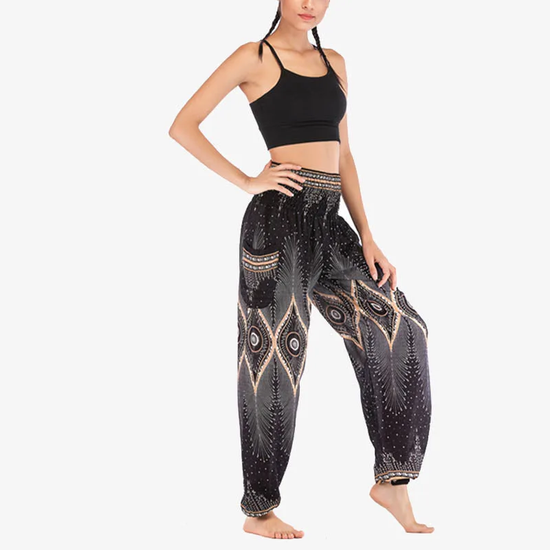Mythstone Small Eye Peacock Feathers Pattern Loose Smocked Harem Trousers High Waist Women's Yoga Pants - Image 14