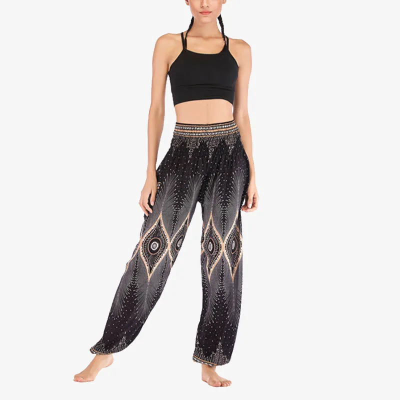 Mythstone Small Eye Peacock Feathers Pattern Loose Smocked Harem Trousers High Waist Women's Yoga Pants - Image 17