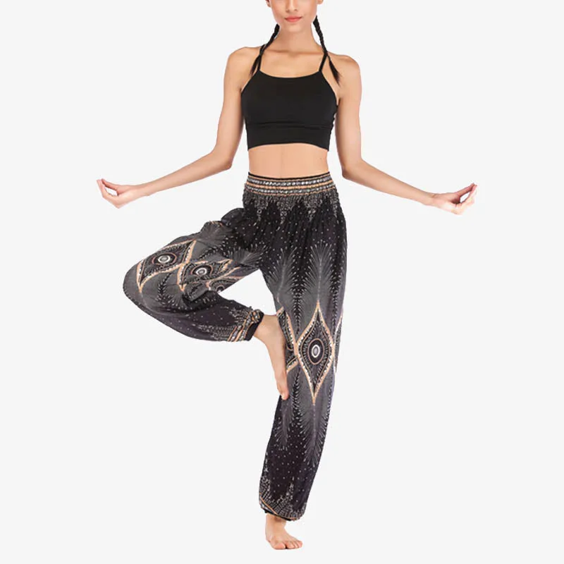 Mythstone Small Eye Peacock Feathers Pattern Loose Smocked Harem Trousers High Waist Women's Yoga Pants - Image 18