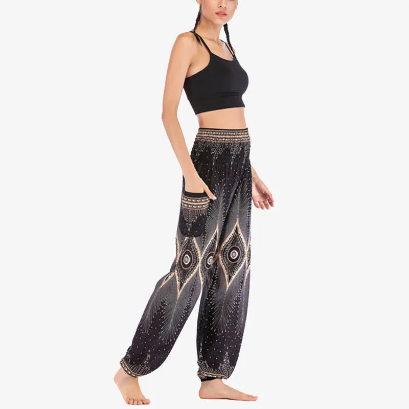 Mythstone Small Eye Peacock Feathers Pattern Loose Smocked Harem Trousers High Waist Women's Yoga Pants - Image 19