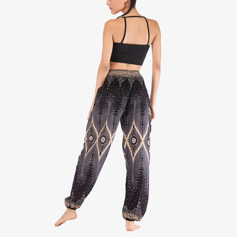Mythstone Small Eye Peacock Feathers Pattern Loose Smocked Harem Trousers High Waist Women's Yoga Pants - Image 15