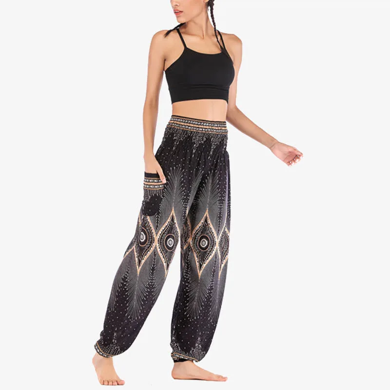 Mythstone Small Eye Peacock Feathers Pattern Loose Smocked Harem Trousers High Waist Women's Yoga Pants - Image 20
