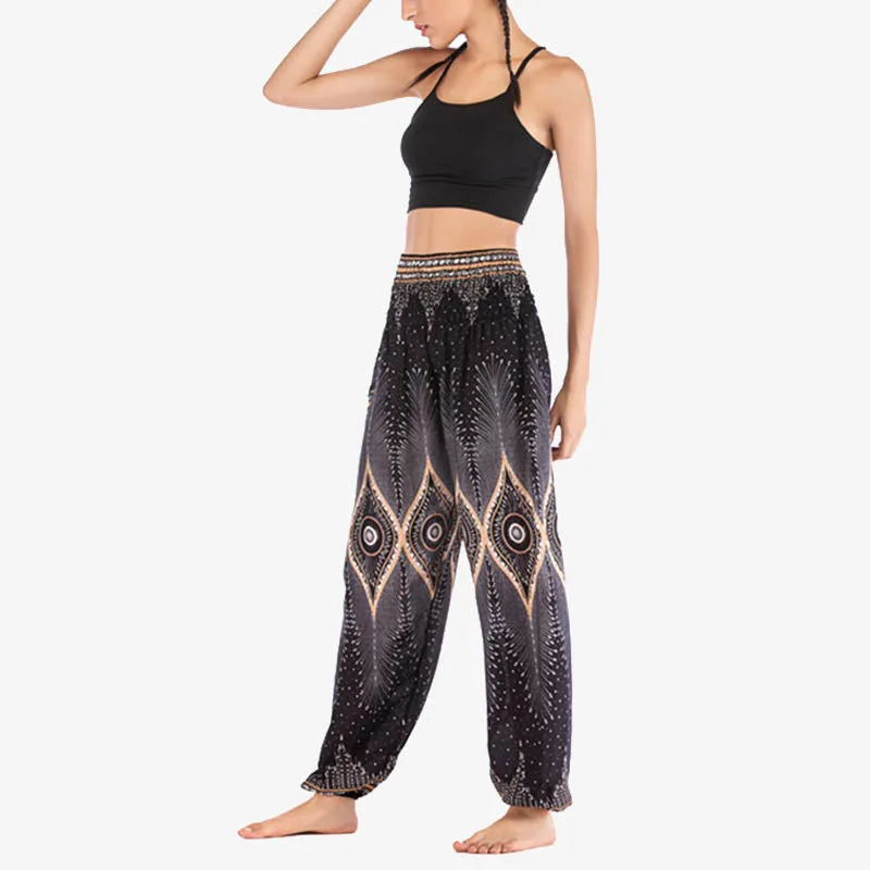 Mythstone Small Eye Peacock Feathers Pattern Loose Smocked Harem Trousers High Waist Women's Yoga Pants - Image 21