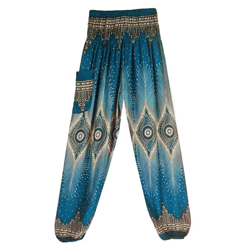 Mythstone Small Eye Peacock Feathers Pattern Loose Smocked Harem Trousers High Waist Women's Yoga Pants - Image 26
