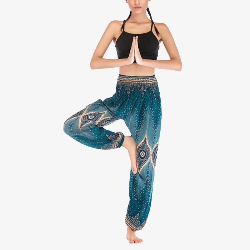 Mythstone Small Eye Peacock Feathers Pattern Loose Smocked Harem Trousers High Waist Women's Yoga Pants - Image 23