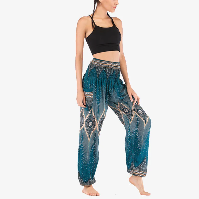 Mythstone Small Eye Peacock Feathers Pattern Loose Smocked Harem Trousers High Waist Women's Yoga Pants - Image 24