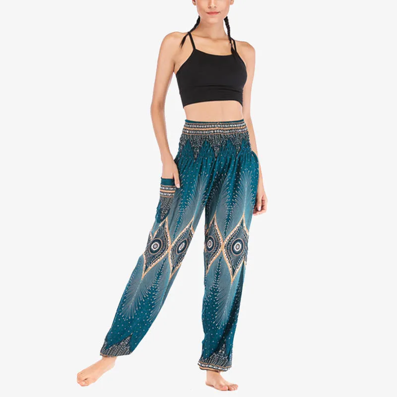 Mythstone Small Eye Peacock Feathers Pattern Loose Smocked Harem Trousers High Waist Women's Yoga Pants - Image 27