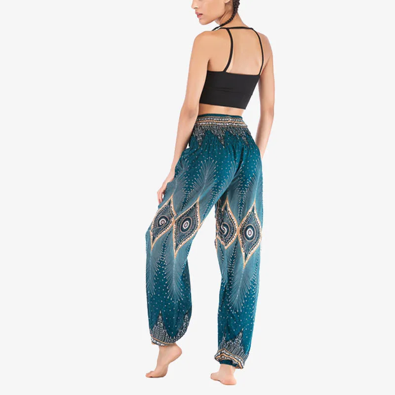 Mythstone Small Eye Peacock Feathers Pattern Loose Smocked Harem Trousers High Waist Women's Yoga Pants - Image 25