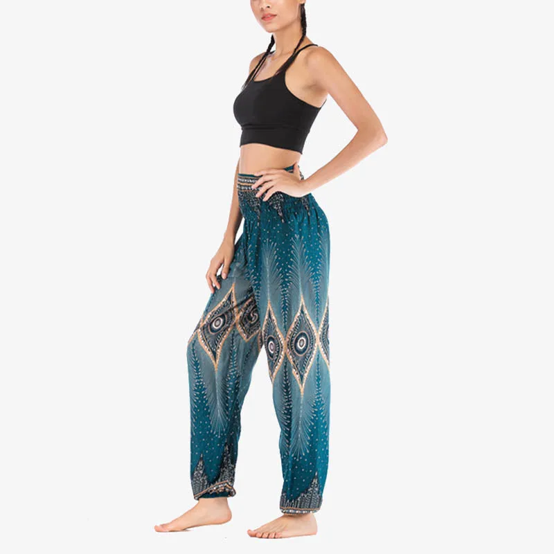 Mythstone Small Eye Peacock Feathers Pattern Loose Smocked Harem Trousers High Waist Women's Yoga Pants - Image 29