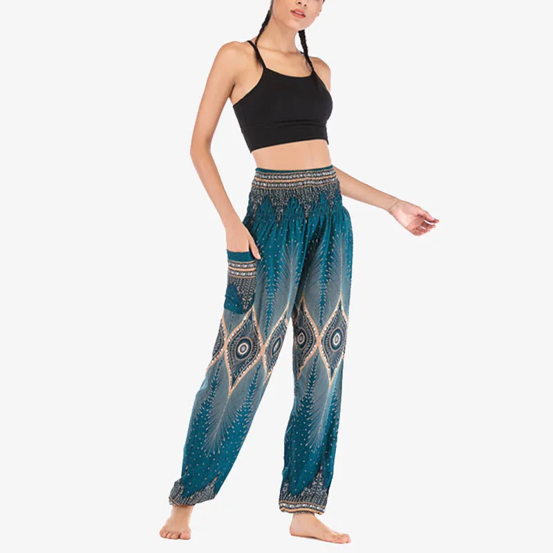 Mythstone Small Eye Peacock Feathers Pattern Loose Smocked Harem Trousers High Waist Women's Yoga Pants - Image 30
