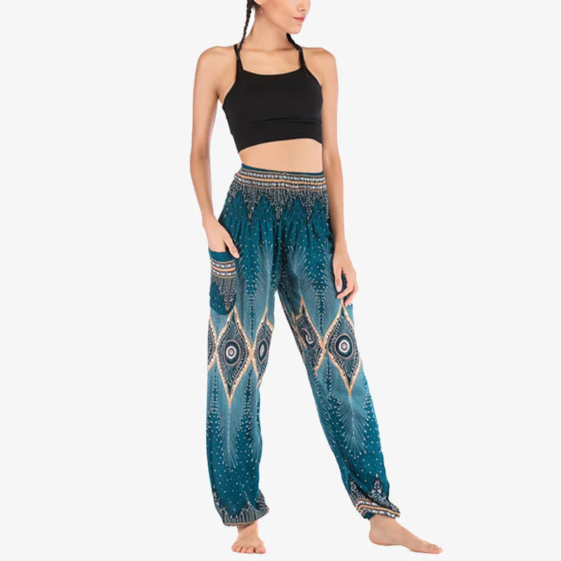 Mythstone Small Eye Peacock Feathers Pattern Loose Smocked Harem Trousers High Waist Women's Yoga Pants - Image 31