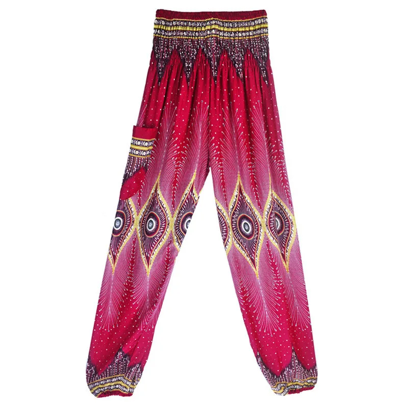 Mythstone Small Eye Peacock Feathers Pattern Loose Smocked Harem Trousers High Waist Women's Yoga Pants - Image 5